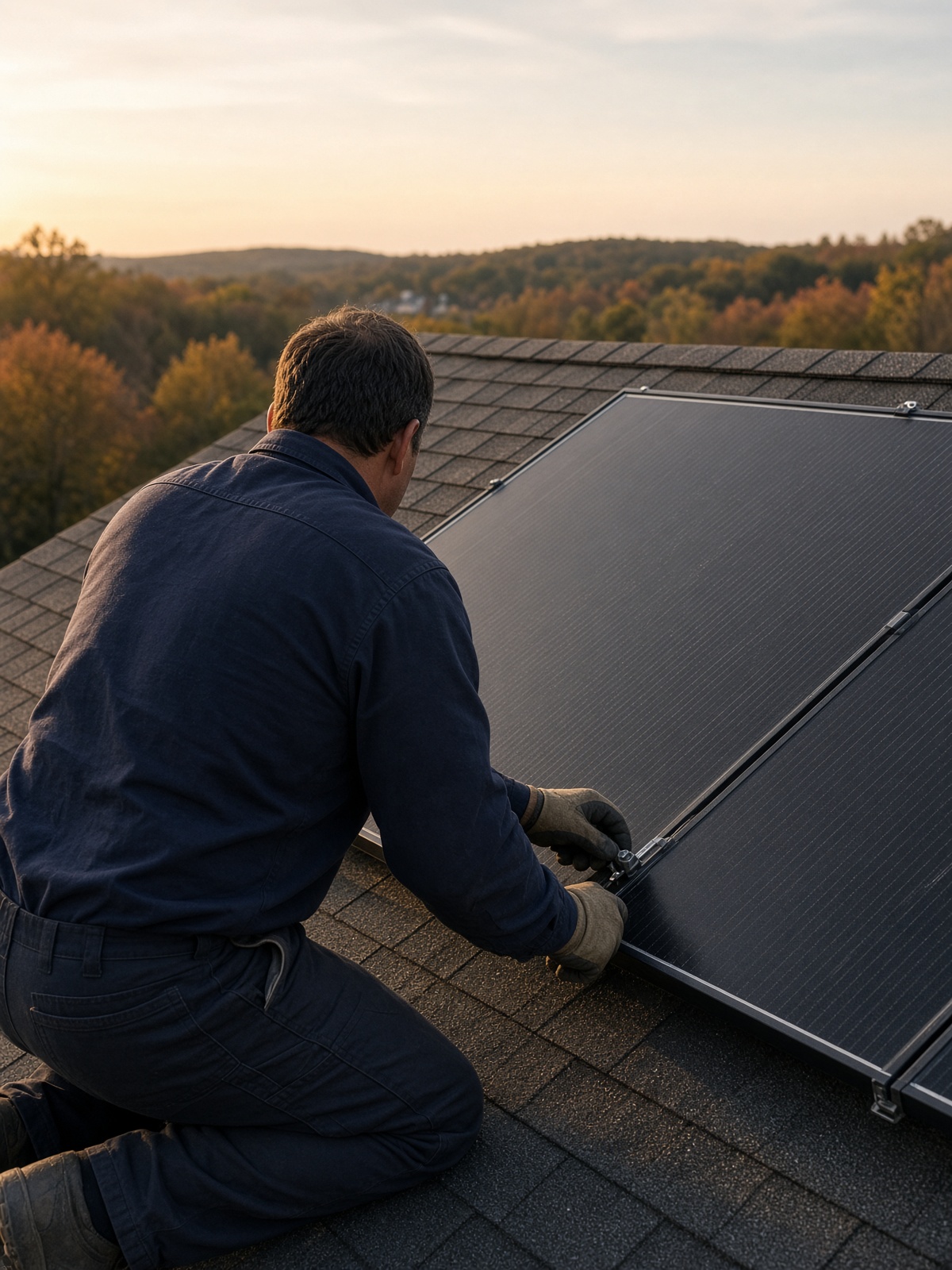 Installer fastening a black solar module on a residential roof