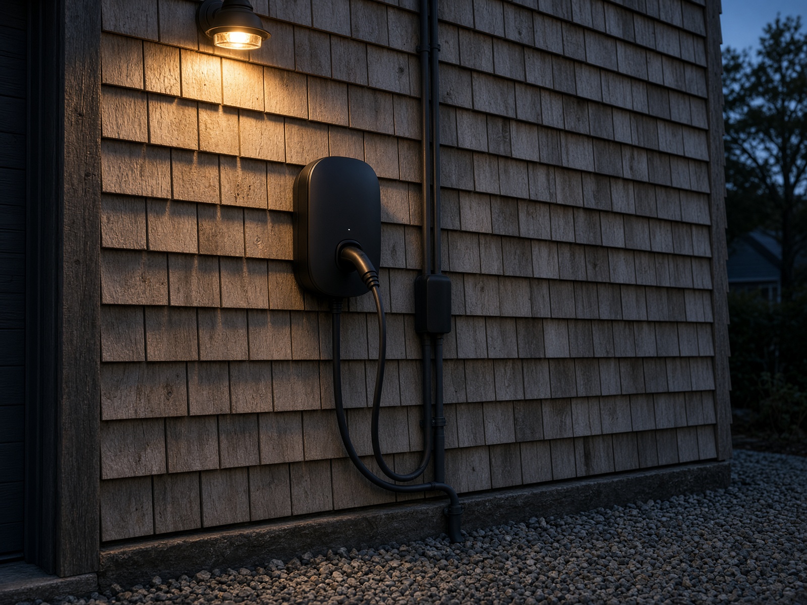 EV charger on a cedar-shingle New England garage at dusk