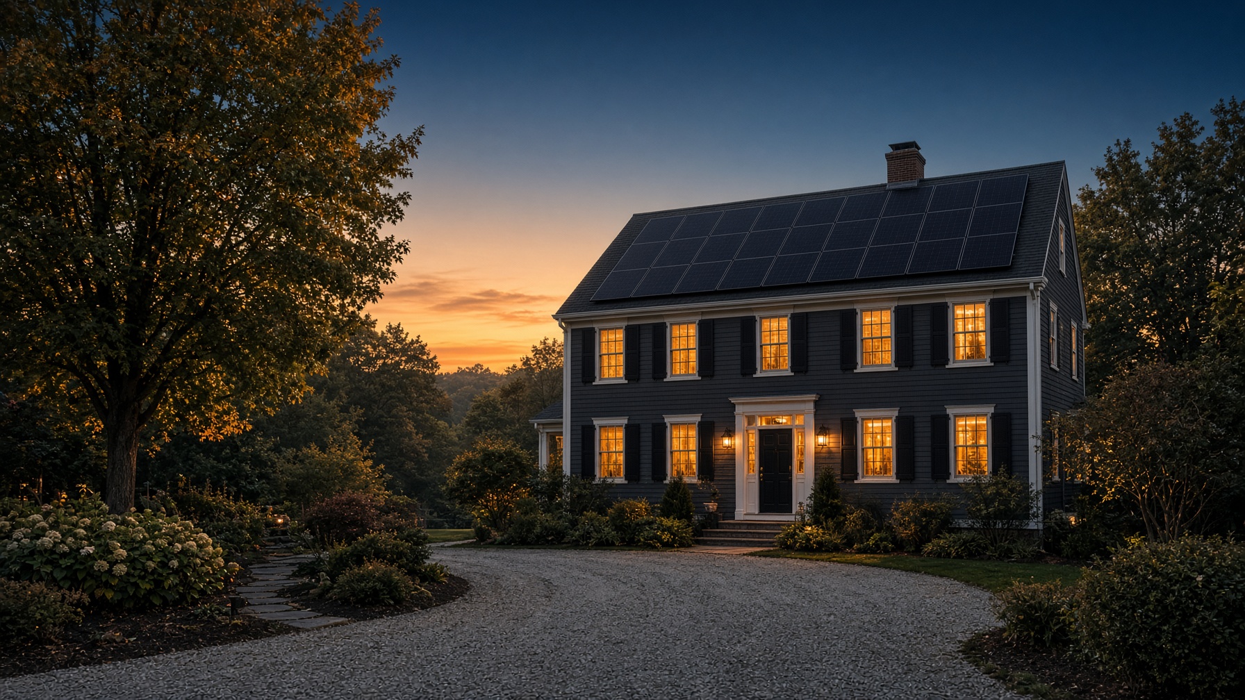 Connecticut colonial home with a full rooftop of black solar panels at golden hour